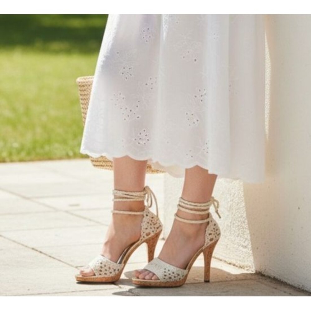 DESIGNER MICHAEL KORS IVORY CROCHET CORK HIGH HEELS STRAPPY SANDALS 8.M - Picture 8 of 14